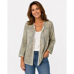 Peruvian Connection Cardigan M Sage Green Pima Cotton Paisley Jacquard Topper